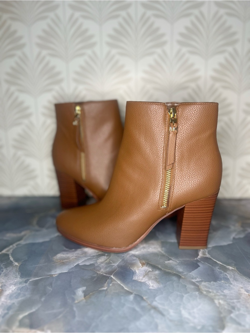Women’s Luggage Brown Leather Block Heel Ankle Boots with Side Zip